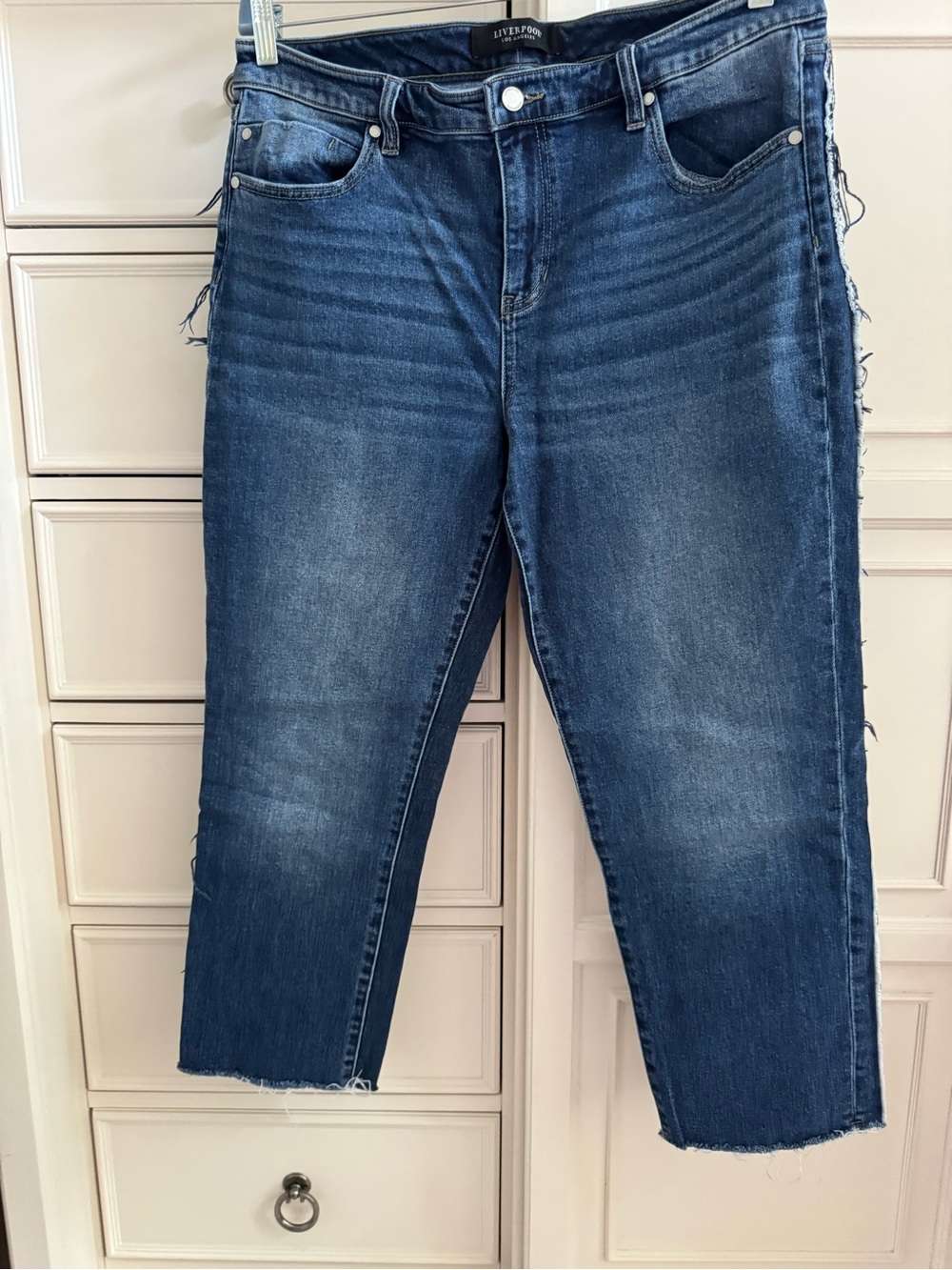 Liverpool Letterpress Dark Blue Cropped Ankle Jeans with Distressed Seem on Leg